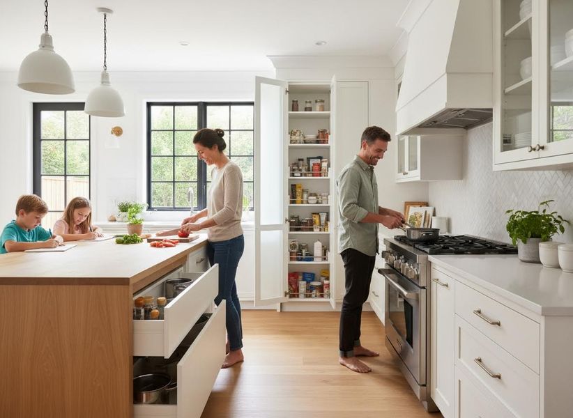 A family of four, including two children, a mother chopping vegetables, and a father cooking, in a white and wood modern kitchen. Family cooking and learning in a bright modern kitchen