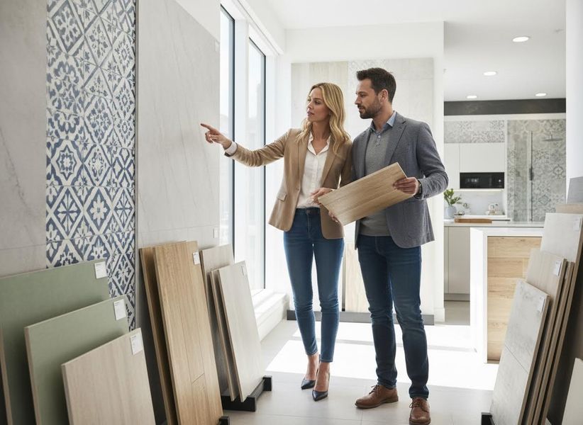 Couple in a tile showroom. Woman points at wall tiles, man holds wood sample. Various floor and wall tile options displayed for home renovation. Couple Choosing Tiles in a Showroom