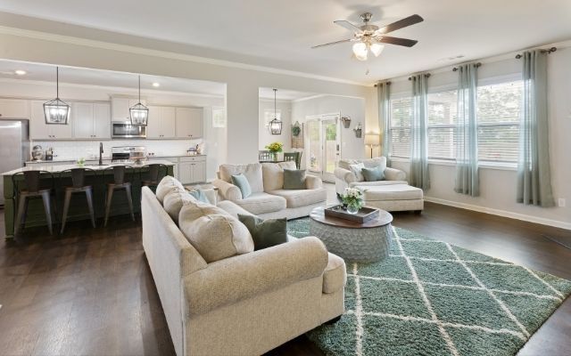Spacious open-concept living area and kitchen with dark wood floors, sage green accents, and industrial-style pendant lighting.
