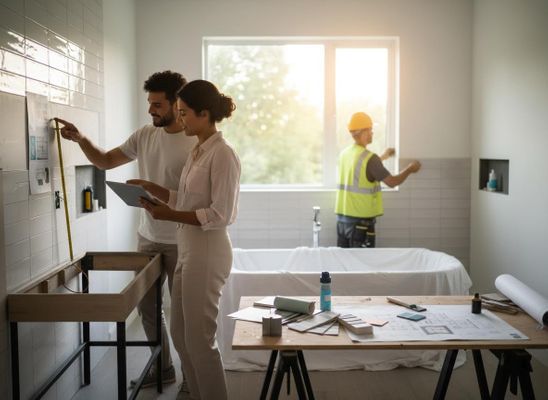 A couple discusses bathroom renovation plans and designs with a contractor in a bright, under-construction bathroom with a covered bathtub. Couple and Contractor Reviewing Bathroom Renovation Plans