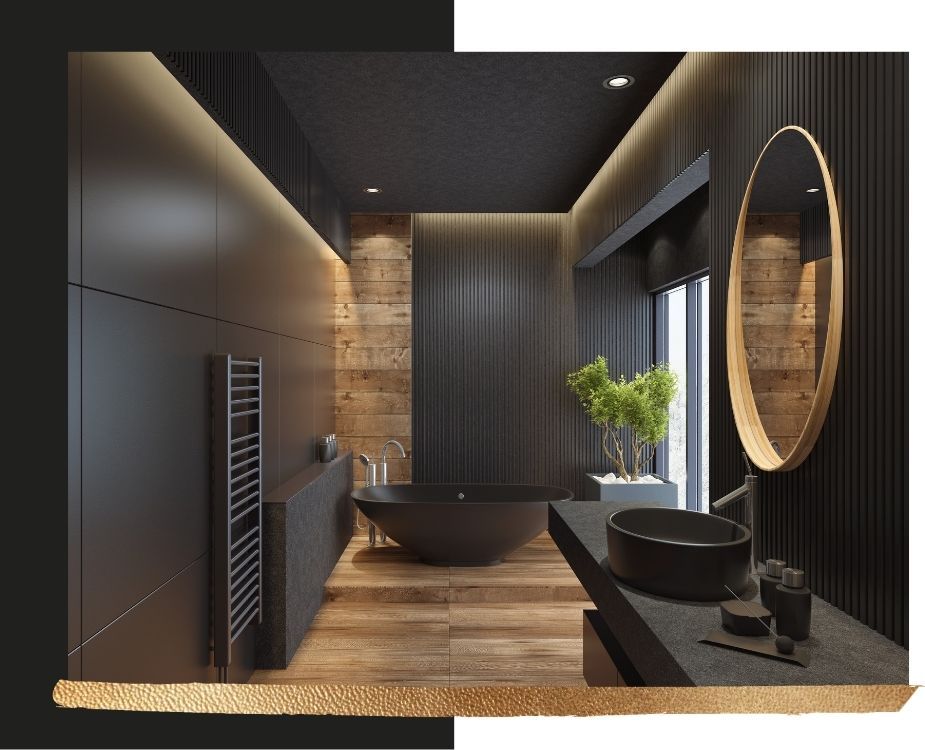 Moody, high-end bathroom design with a matte black freestanding tub, vertical slat wall paneling, and warm wood-look flooring and accents.