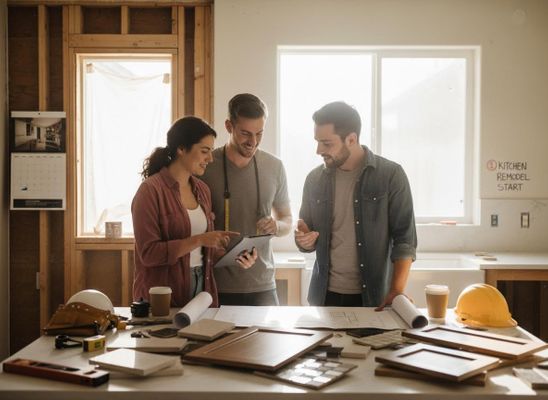 Three professionals review digital plans and material samples on a table at a kitchen remodel construction site, collaborating on design choices. Construction Team Discussing Kitchen Remodel Plans