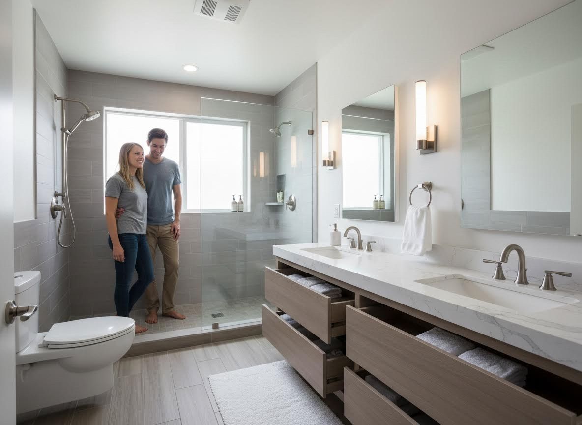 Happy Couple in Modern Bathroom with Dual Vanity