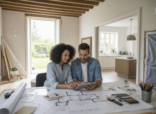 A smiling couple reviews architectural blueprints and material samples on a tablet, planning their home renovation project. Couple Planning Home Renovation with Tablet