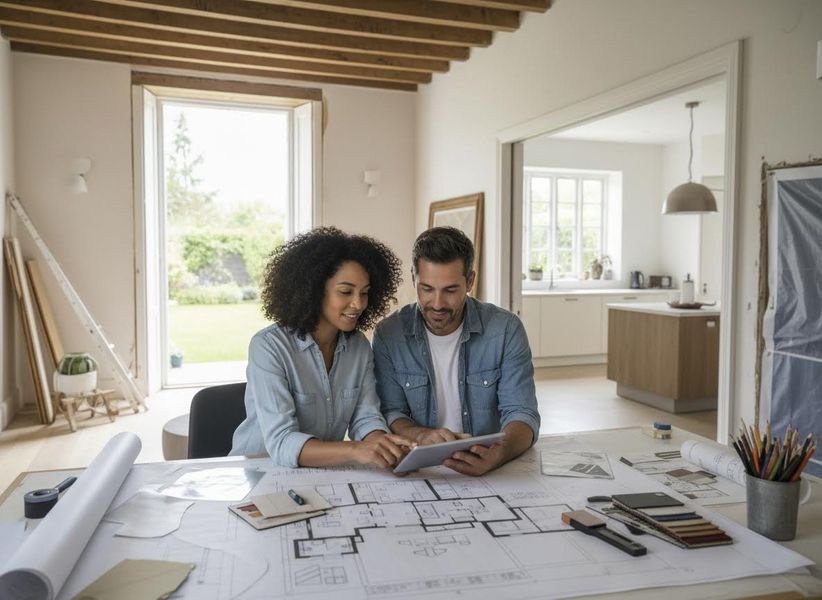 A smiling couple reviews architectural blueprints and material samples on a tablet, planning their home renovation project. Couple Planning Home Renovation with Tablet