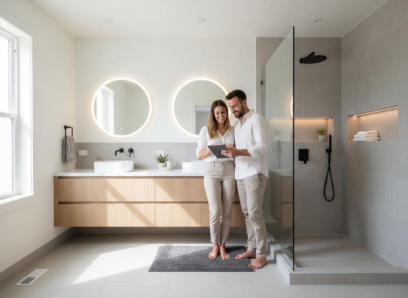 Happy Couple in Modern Bathroom with Tablet