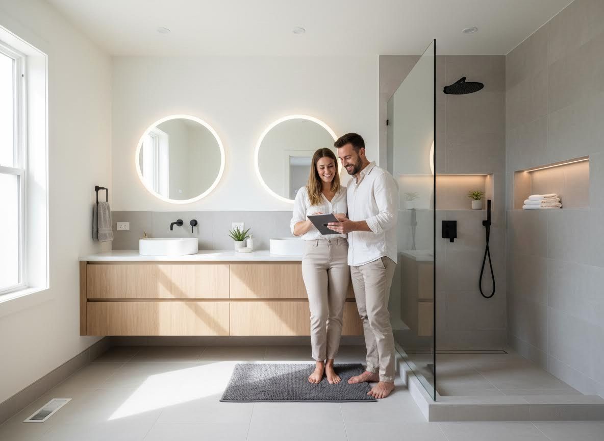 Happy Couple in Modern Bathroom with Tablet