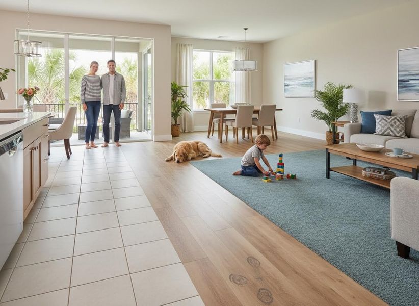 Family and pet in a bright, modern open-concept home