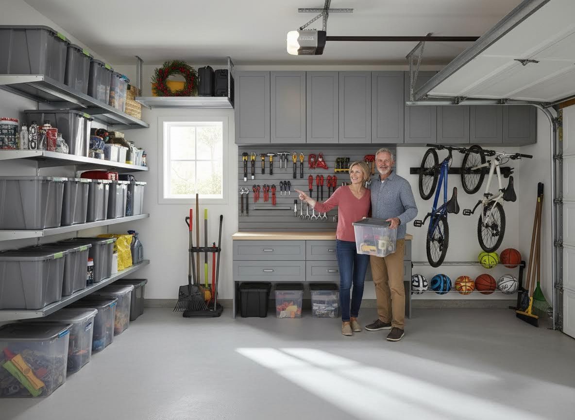 Couple in Organized Garage with Storage Solutions