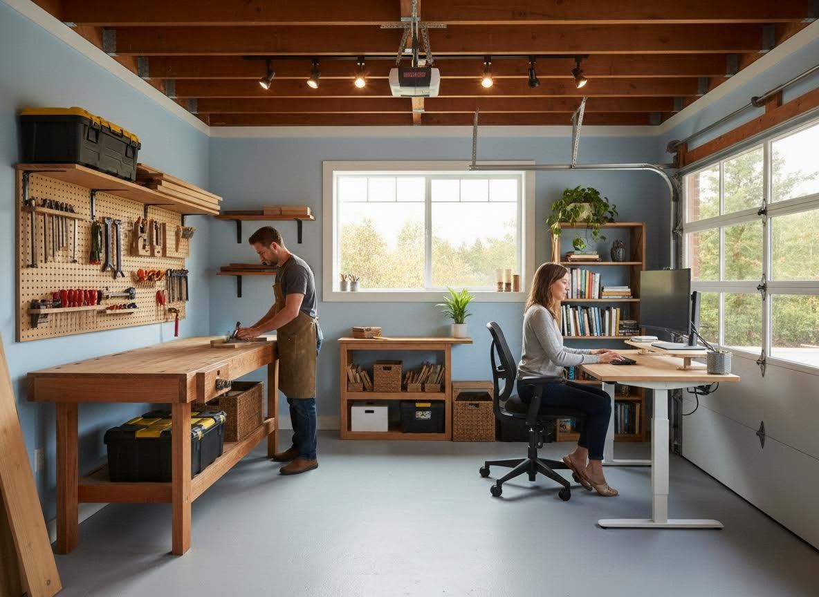 Couple working in a shared garage workspace