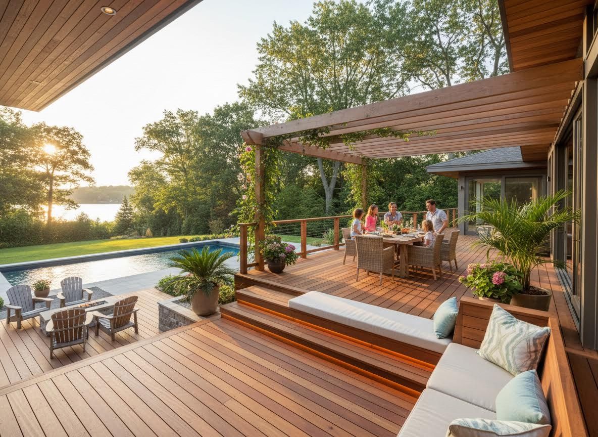 Luxurious Multi-Level Wooden Deck with Pool and Lakeside View