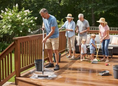 Multi-Generational Family Cleaning Wooden Deck