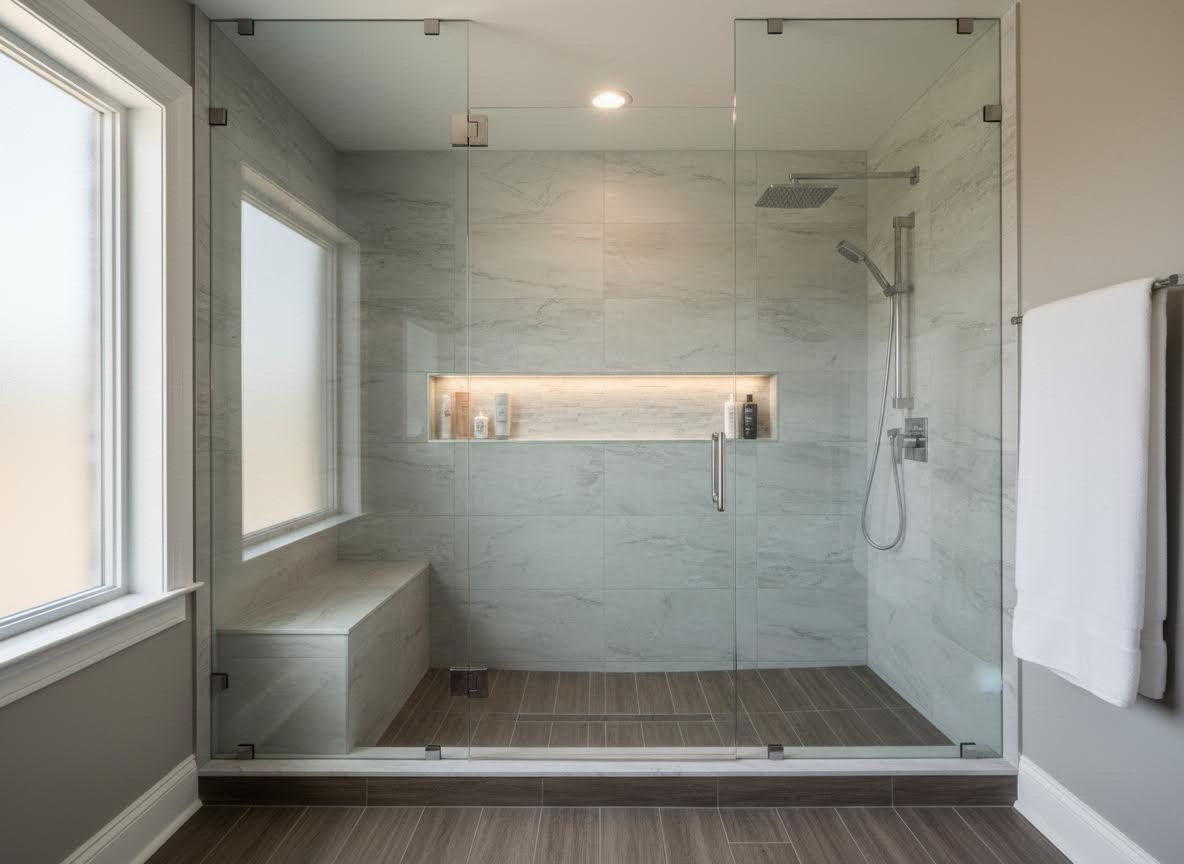 Modern Glass Walk-in Shower with Tiled Bench and Frosted Window
