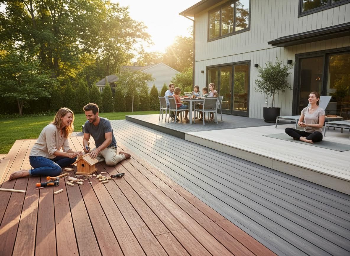 Family Enjoying Activities on Multi-Level Outdoor Deck at Sunset