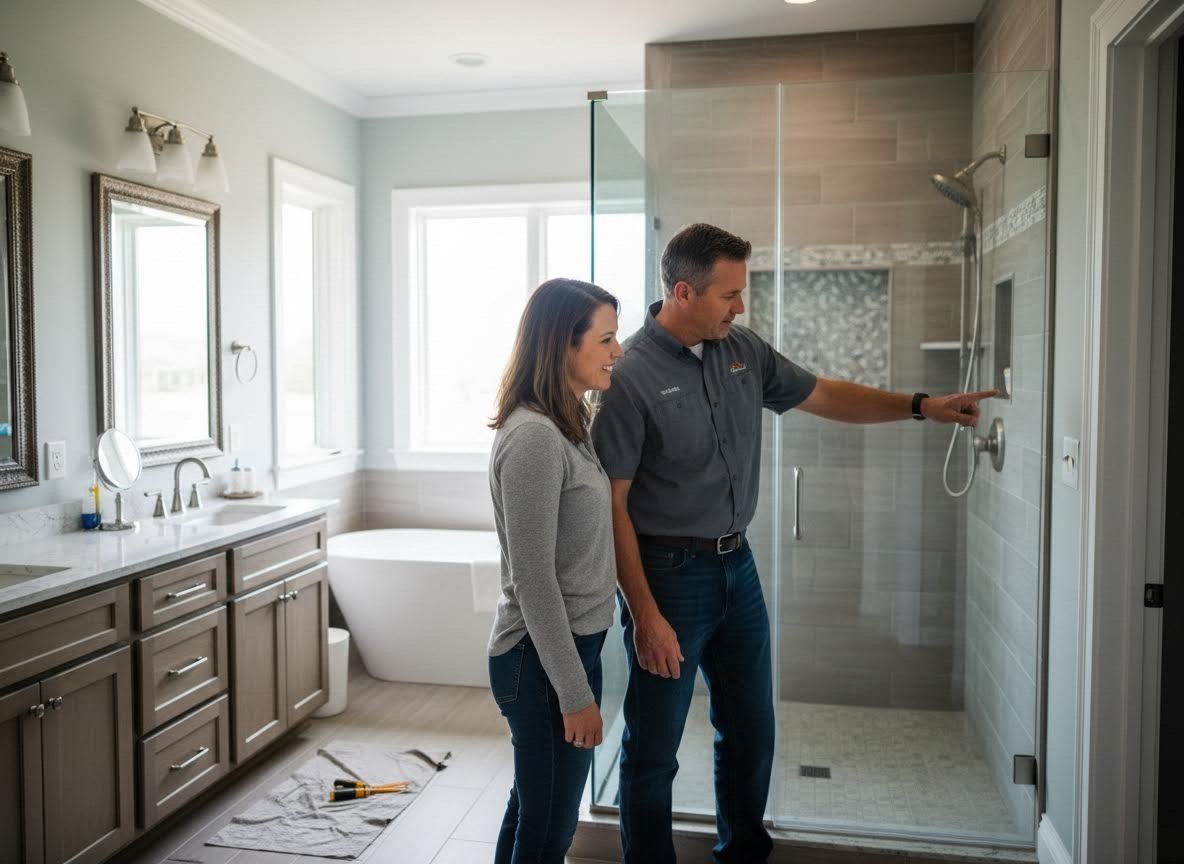 Contractor Explains Shower Features to Client in Modern Bathroom