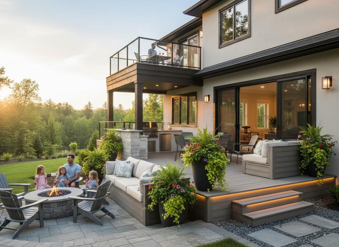 Multi-level outdoor living space with family, fire pit, and deck