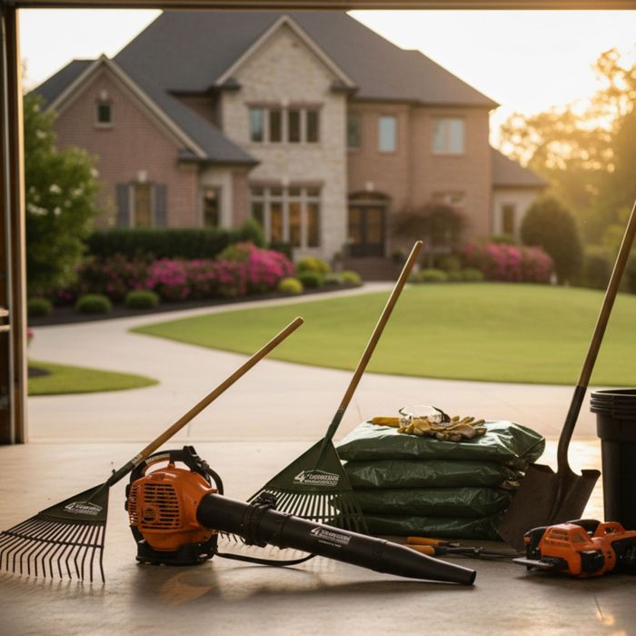 Various landscaping tools including rakes, leaf blower, and garden bags in a garage. Various landscaping tools including rakes, leaf blower, and garden bags in a garage.