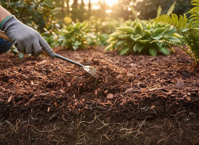 Gardener Spreading Mulch in a Sunny Garden