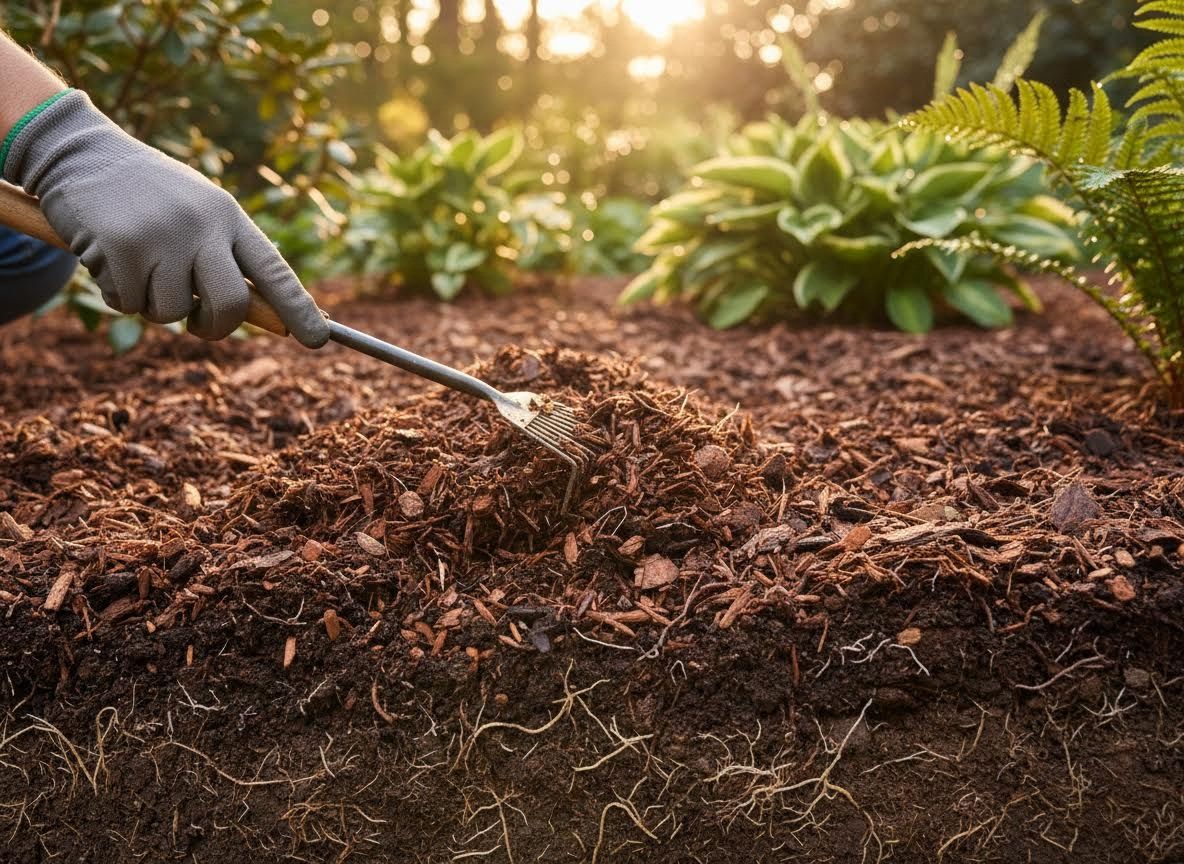 Gardener Spreading Mulch in a Sunny Garden