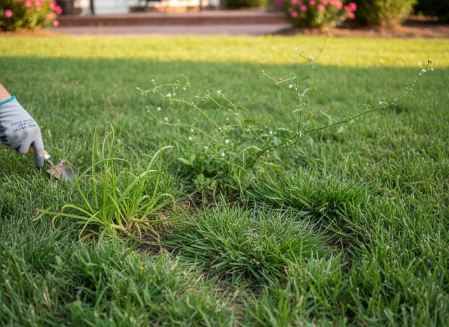 Removing Weeds from a Green Lawn