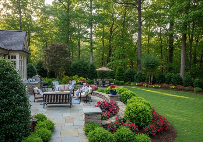 An expansive outdoor patio is elegantly designed with stone flooring, comfortable lounge furniture, and meticulously manicured garden beds featuring vibrant red flowers and lush greenery. Two people are sitting on the patio furniture enjoying the landscaped backyard which blends seamlessly with the surrounding trees. Inviting Outdoor Living Space
