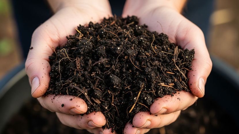 A close-up of hands holding rich, dark soil.