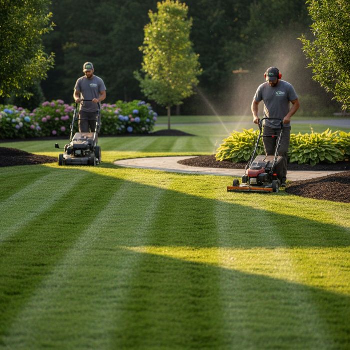 Two landscapers mowing a pristine lawn, creating striped patterns Two landscapers mowing a pristine lawn, creating striped patterns
