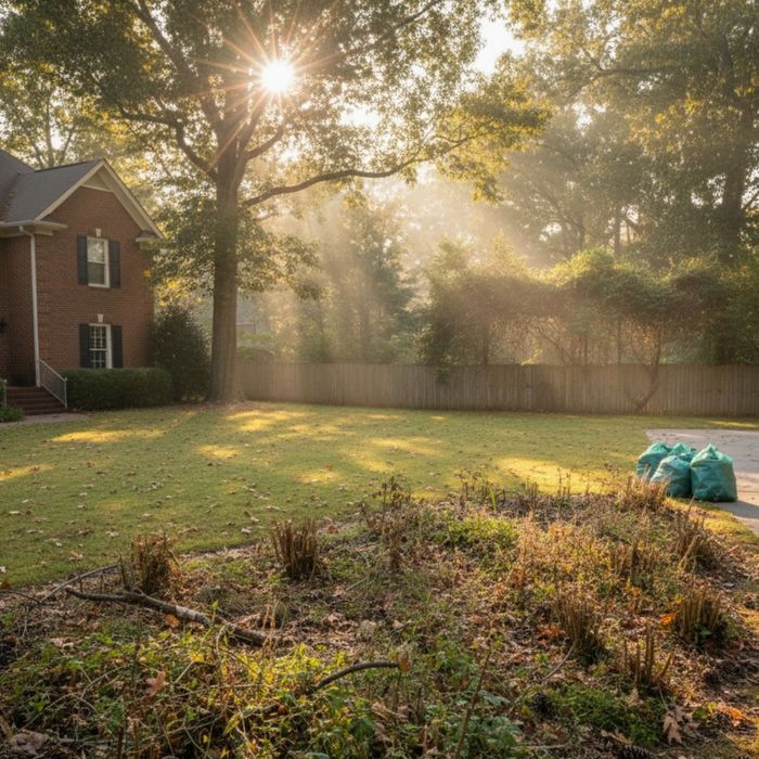 A messy yard that could use some maintenance Sunny autumn yard with fallen leaves and garden bags ready for cleanup.