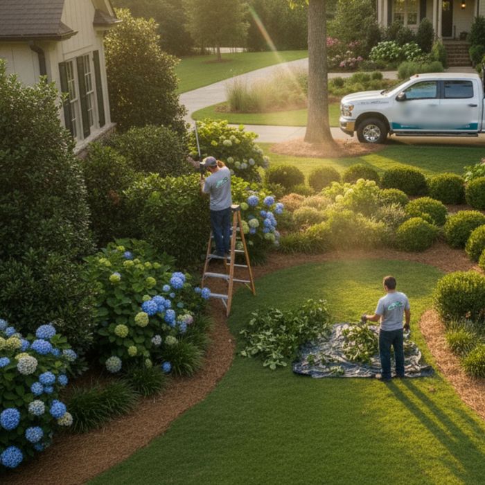 Landscapers trimming shrubs and clearing debris in a residential garden