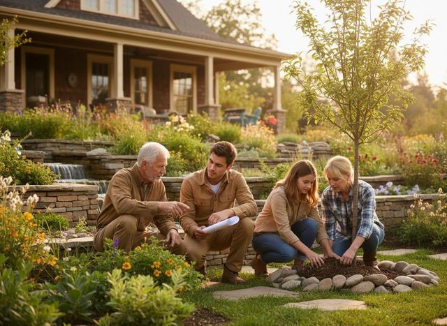 Multigenerational family planting a tree in a beautiful garden