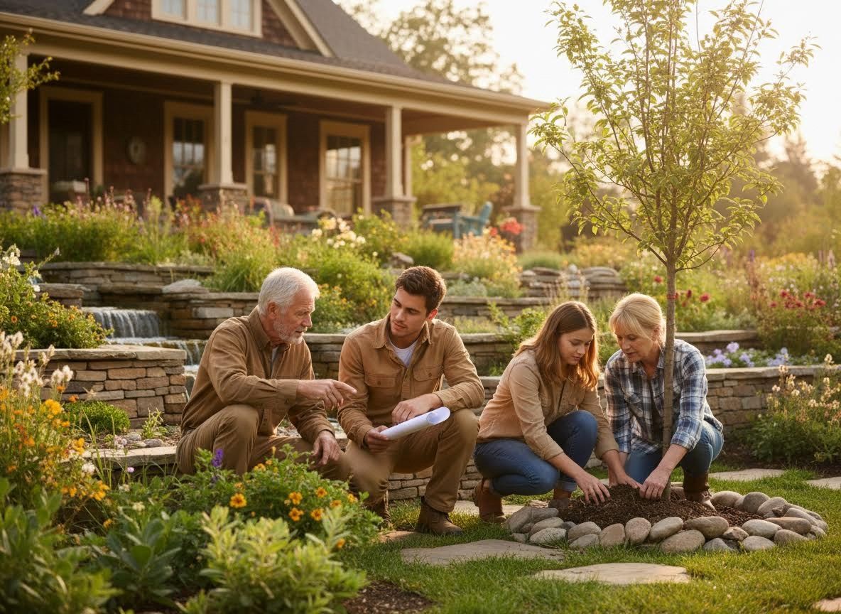 Multigenerational family planting a tree in a beautiful garden