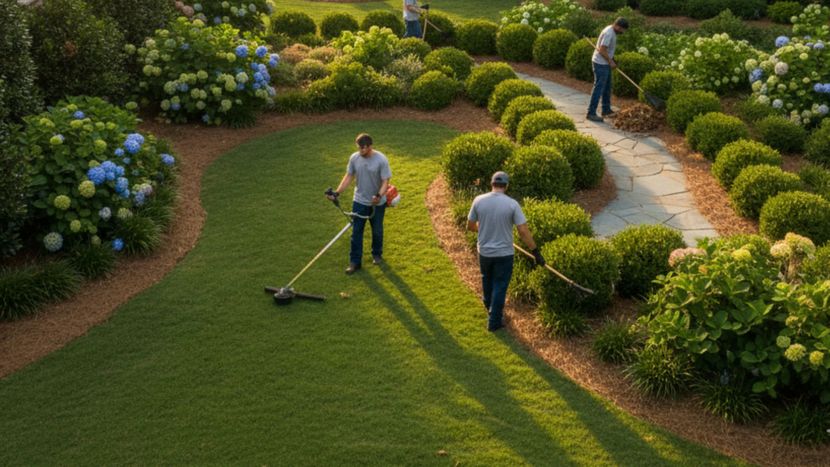 Landscapers maintaining a beautiful residential garden with a 4th Generation Landscaping and Design truck in the driveway