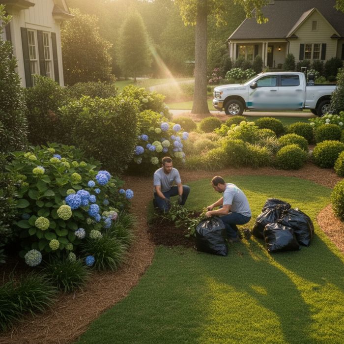 Landscapers performing seasonal clean-up, bagging leaves and debris