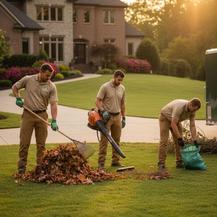 Landscapers raking leaves, using a leaf blower, and bagging debris. Landscapers raking leaves, using a leaf blower, and bagging debris.