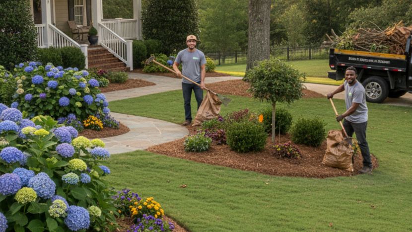 Two men working on landscaping in front of a house