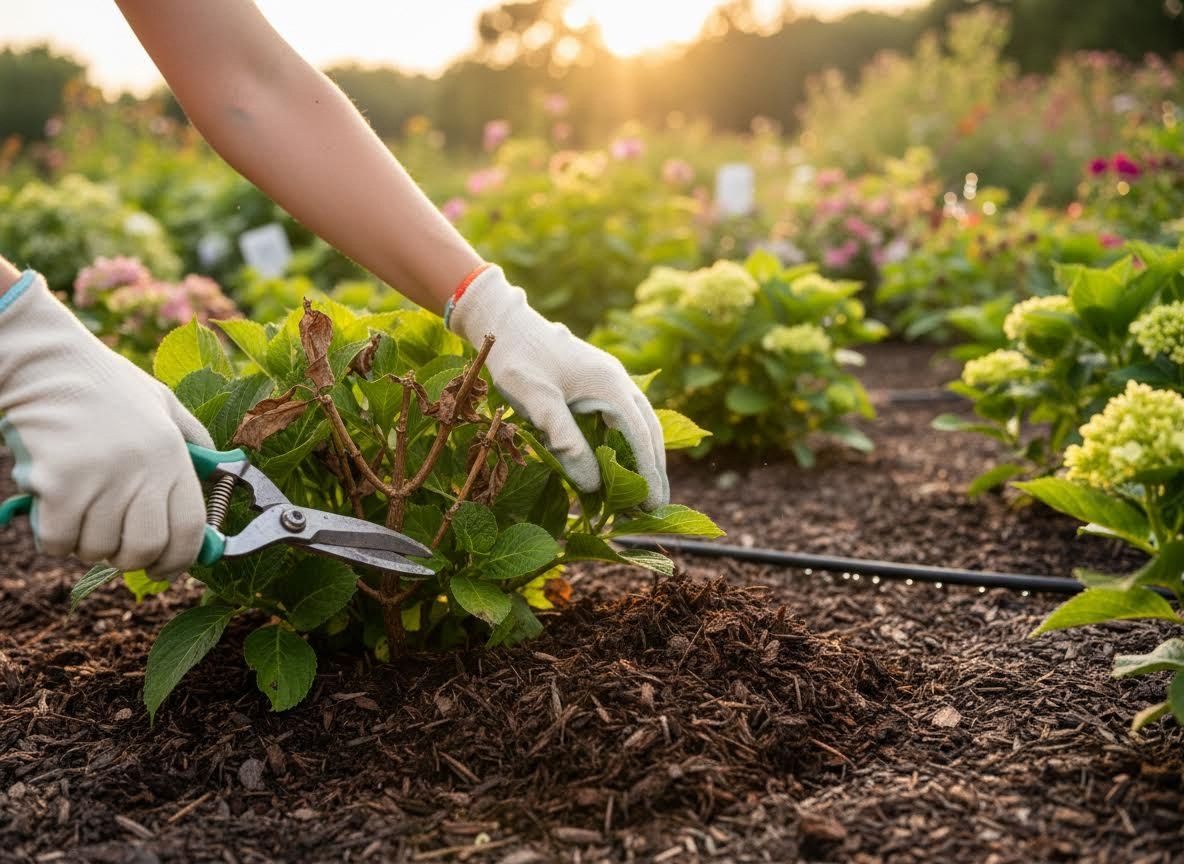 Gardener pruning a plant in a sunset garden