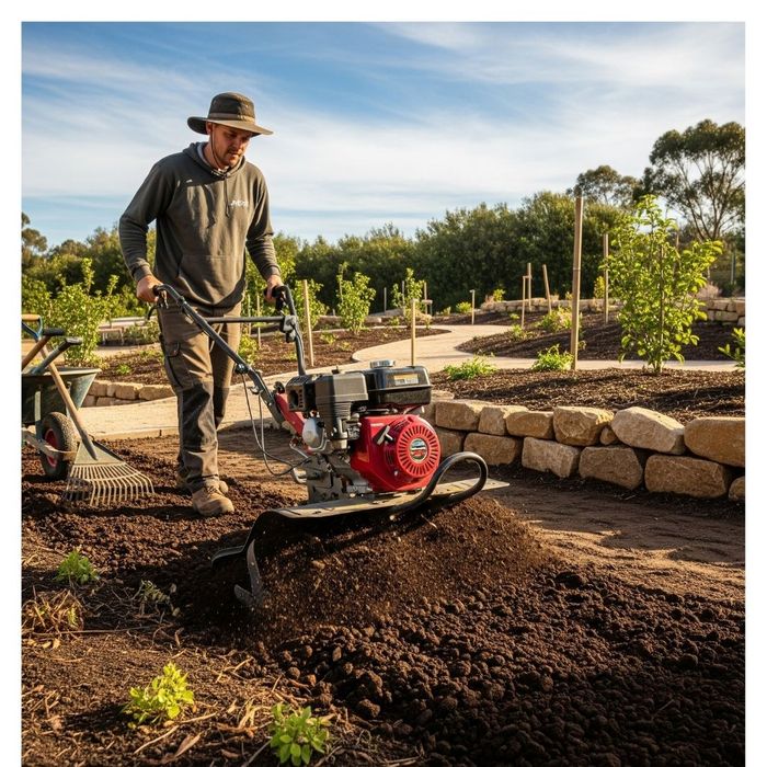 A landscape designer tilling a garden bed.