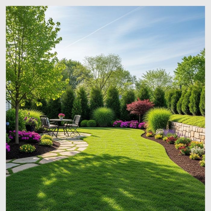 A beautiful, finished landscape project with a new lawn.