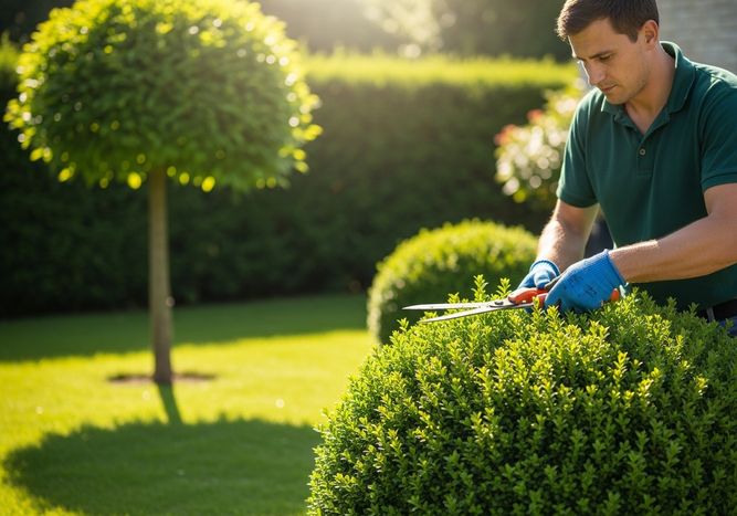 Man trimming bushes in garden