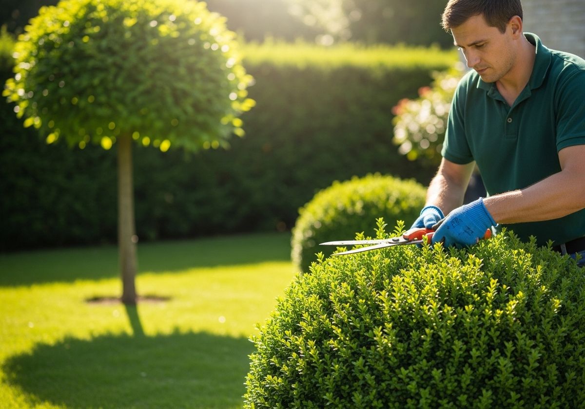 Man trimming bushes in garden