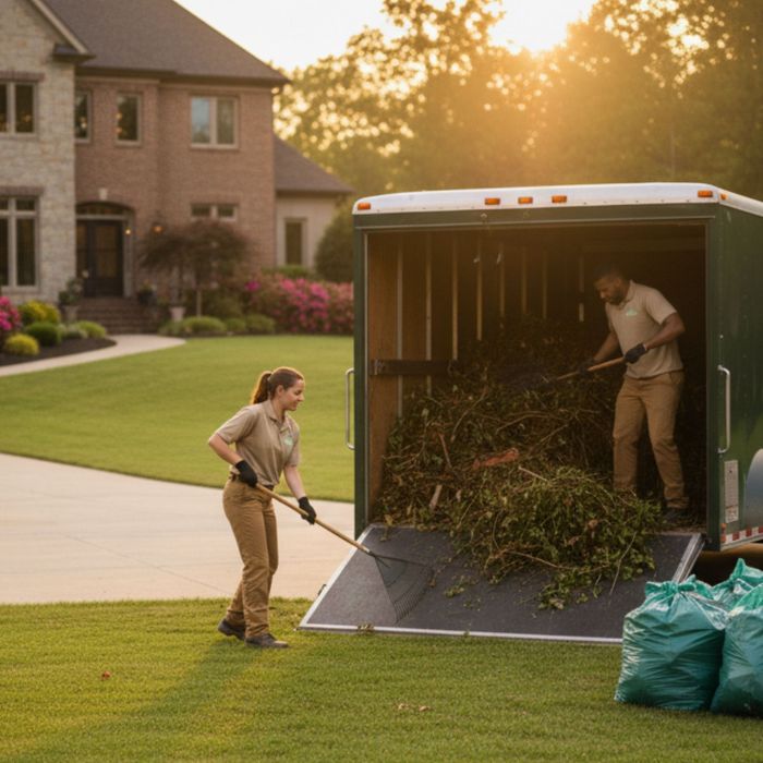Landscaping crew loading yard waste into a trailer for disposal. Landscaping crew loading yard waste into a trailer for disposal.