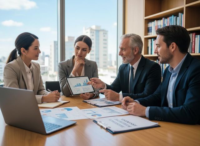 Business professionals reviewing financial data on a tablet in a modern office