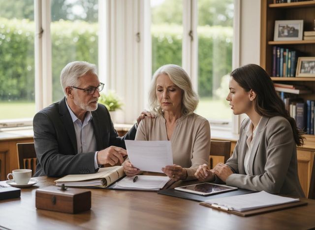 Senior couple reviewing documents with a professional advisor
