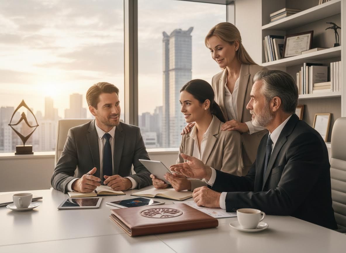 Four business professionals collaborating in a modern office