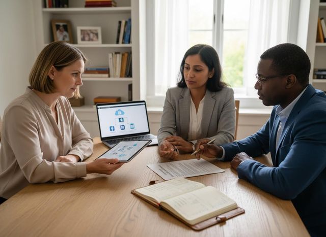 Three professionals discussing cloud computing or social media marketing