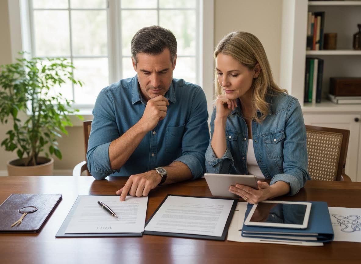 Couple reviewing documents and using a tablet at a table