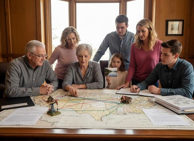 Multi-generational family studying a map