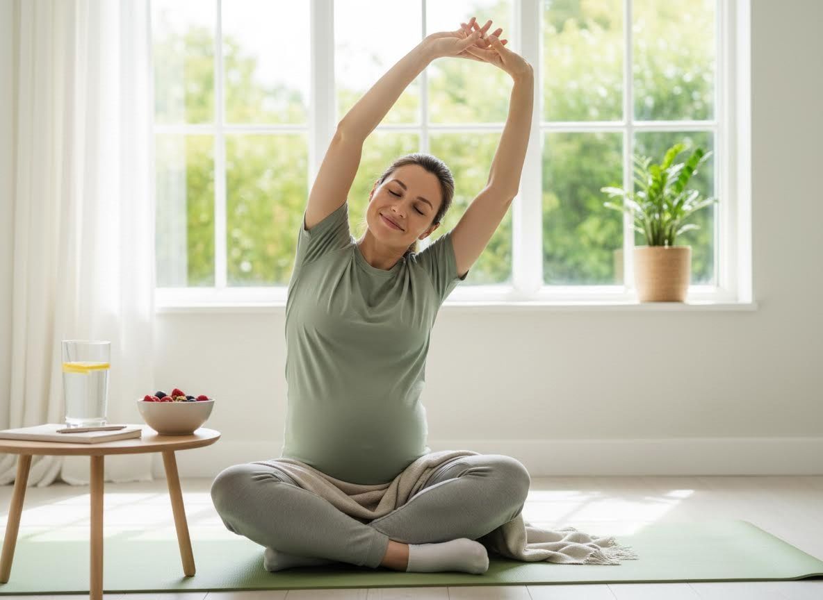 Pregnant Woman Stretching and Relaxing at Home