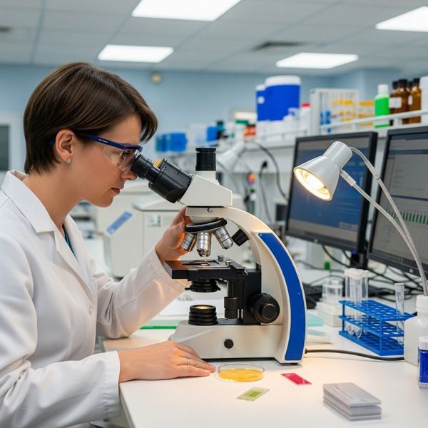 A lab technician looking through a microscope in a clinic. A lab technician looking through a microscope in a clinic.