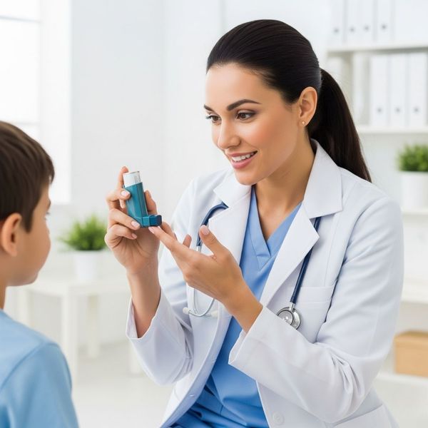 A doctor shows a child how to use an asthma inhaler. A doctor shows a child how to use an asthma inhaler.